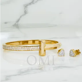 18K GOLD DIAMOND BANGLE & HEART EARRINGS SET