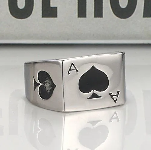 316L Stainless Steel Silver Tone Black Ace of Spades Poker Card Men's Ring Sizes 7-14