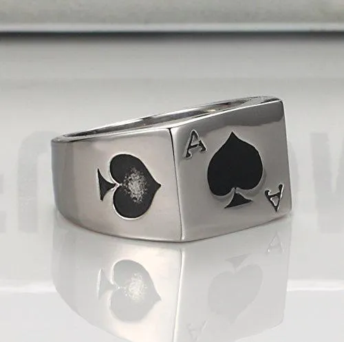 316L Stainless Steel Silver Tone Black Ace of Spades Poker Card Men's Ring Sizes 7-14