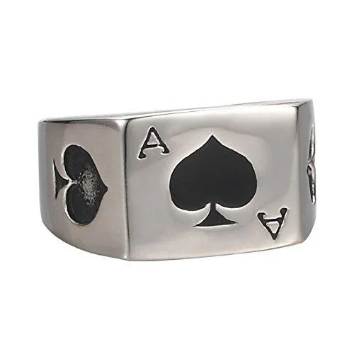 316L Stainless Steel Silver Tone Black Ace of Spades Poker Card Men's Ring Sizes 7-14