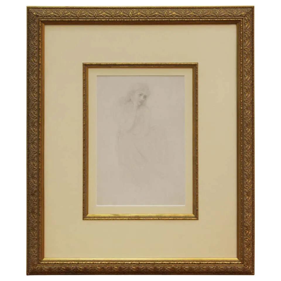 Academic Pencil Drawing of Pensive Woman, Framed