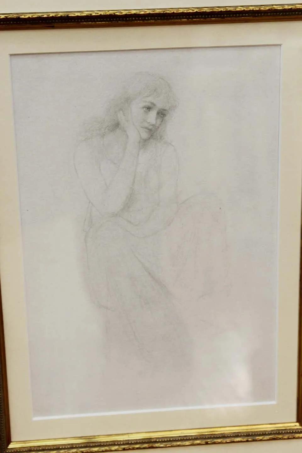 Academic Pencil Drawing of Pensive Woman, Framed