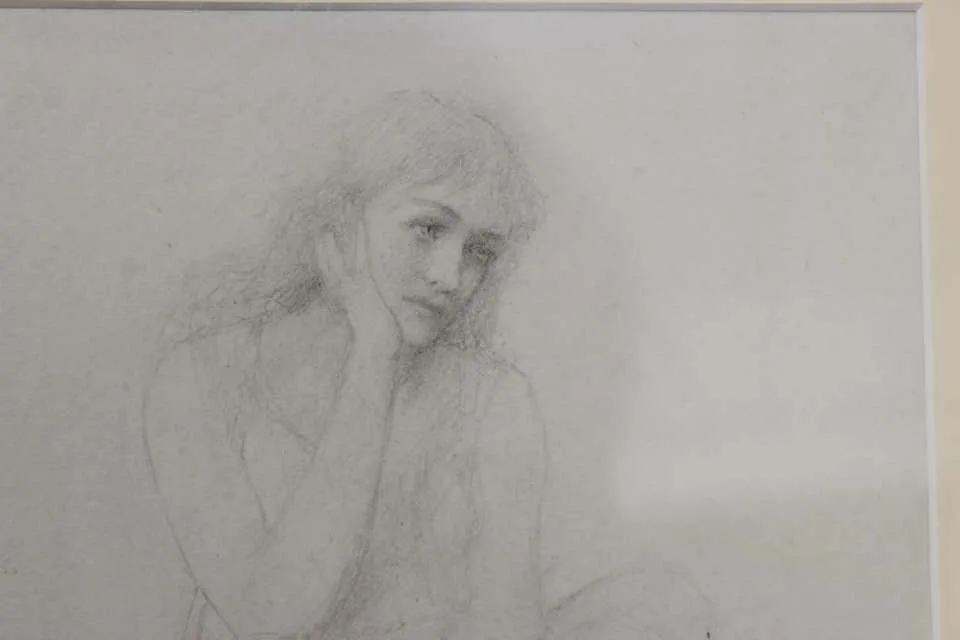 Academic Pencil Drawing of Pensive Woman, Framed