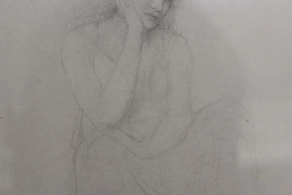 Academic Pencil Drawing of Pensive Woman, Framed