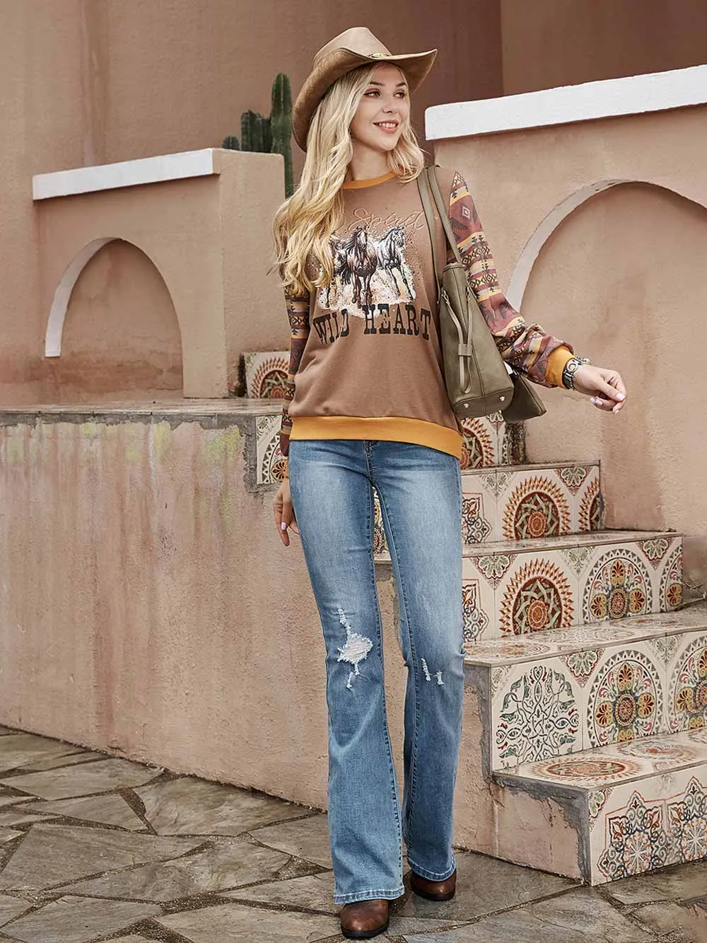 American Bling Horse Graphic Patchwork Aztec Sweatshirt