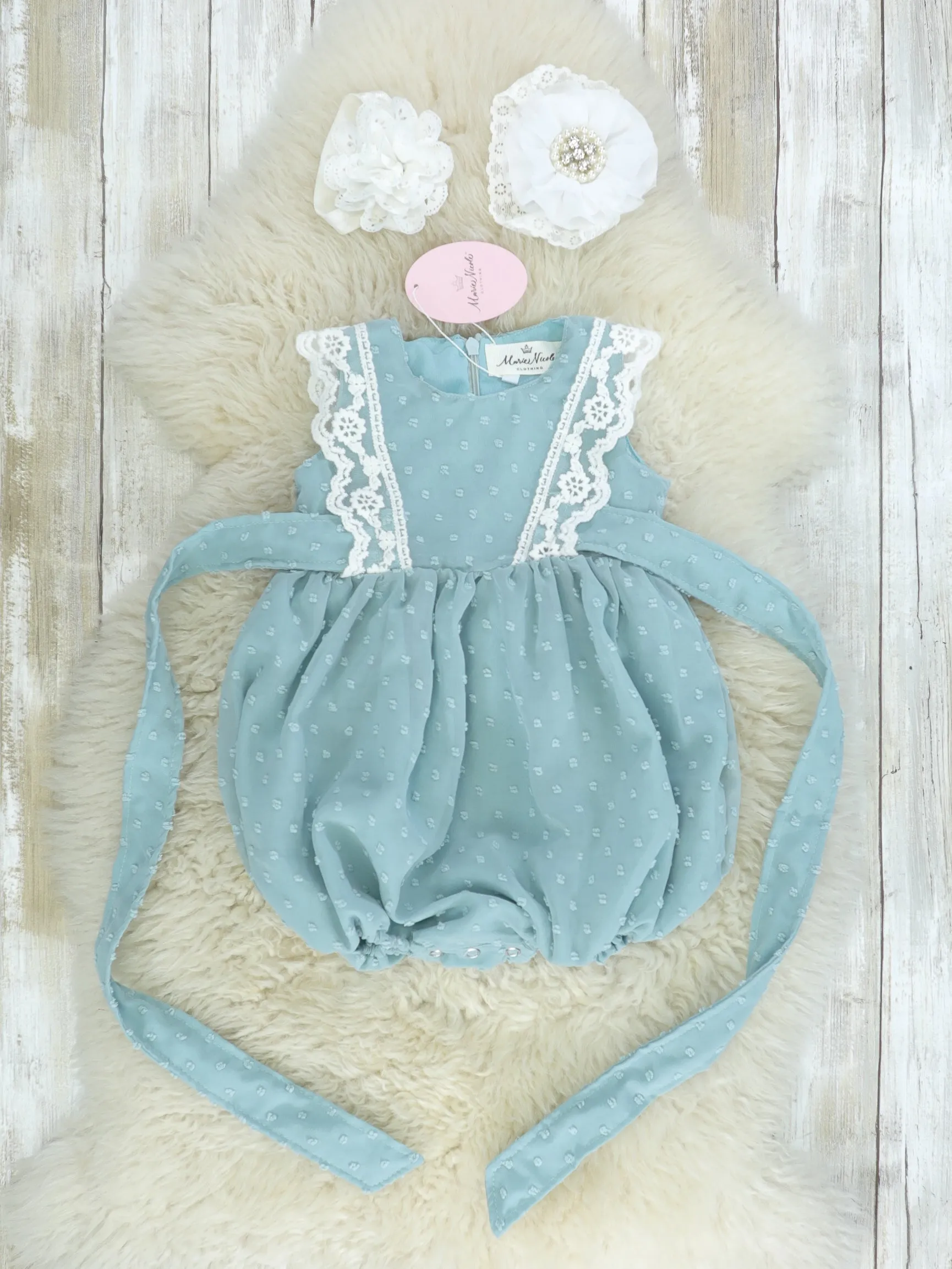 Ash Blue Lace Swiss Dot Bubble Romper