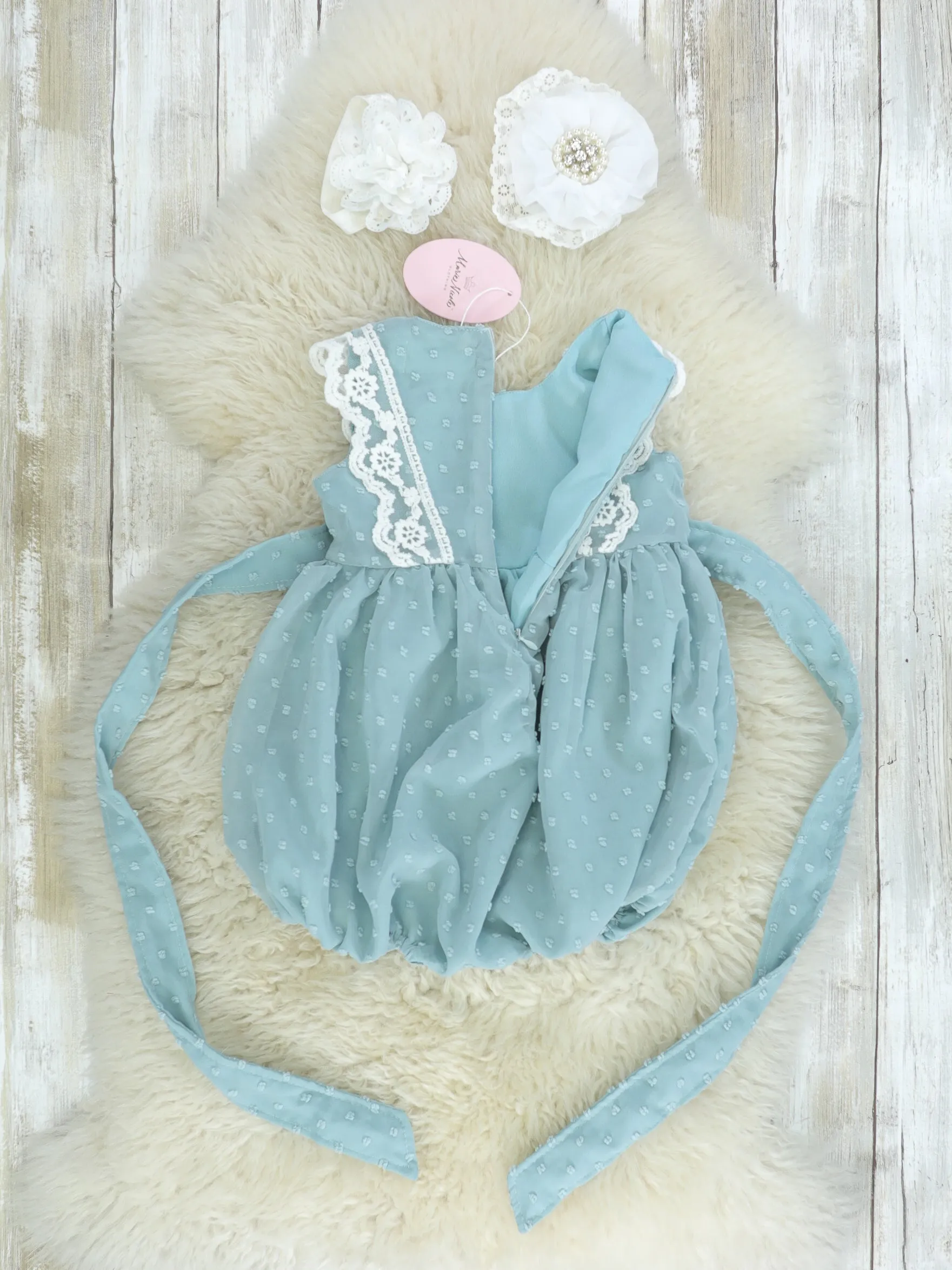 Ash Blue Lace Swiss Dot Bubble Romper