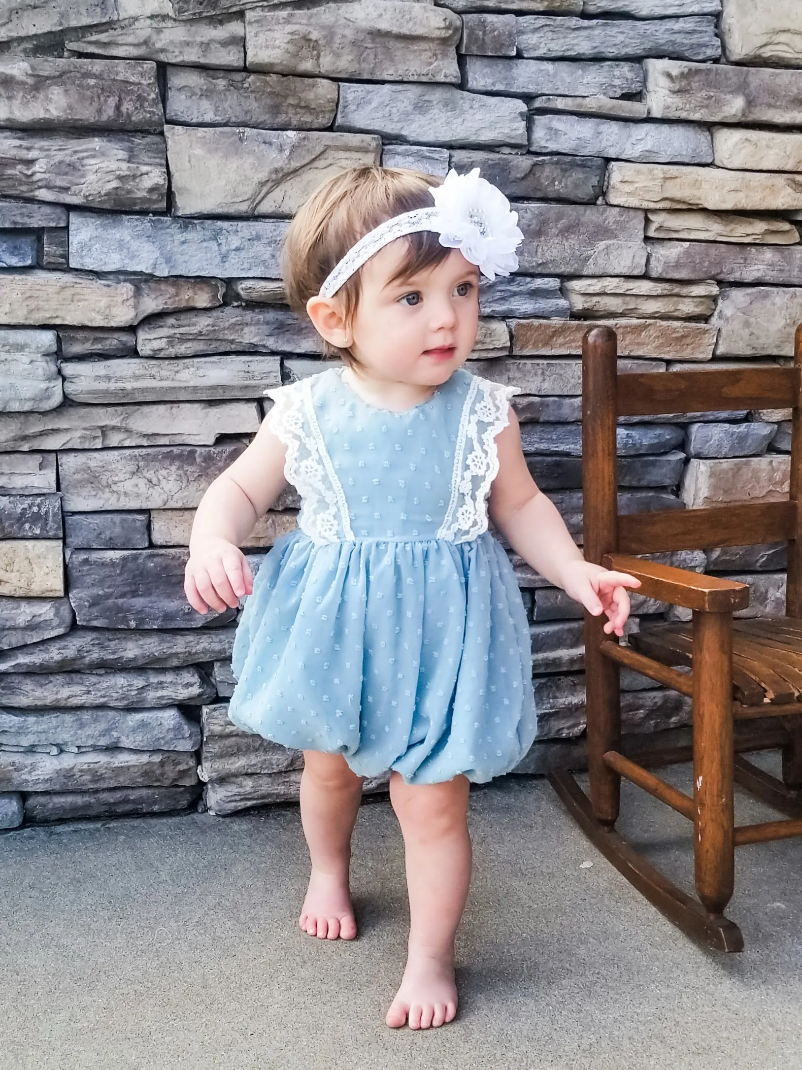 Ash Blue Lace Swiss Dot Bubble Romper