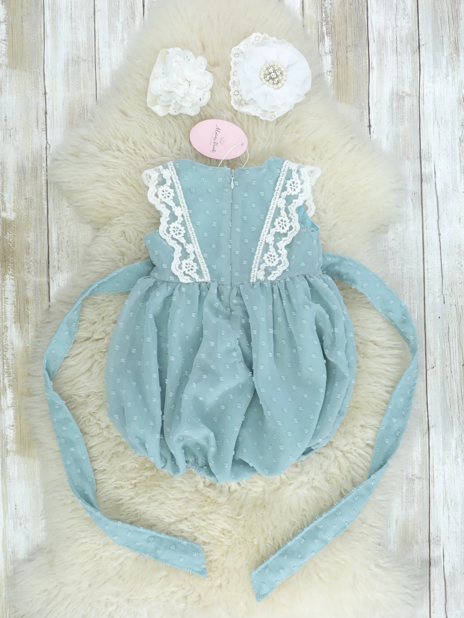 Ash Blue Lace Swiss Dot Bubble Romper