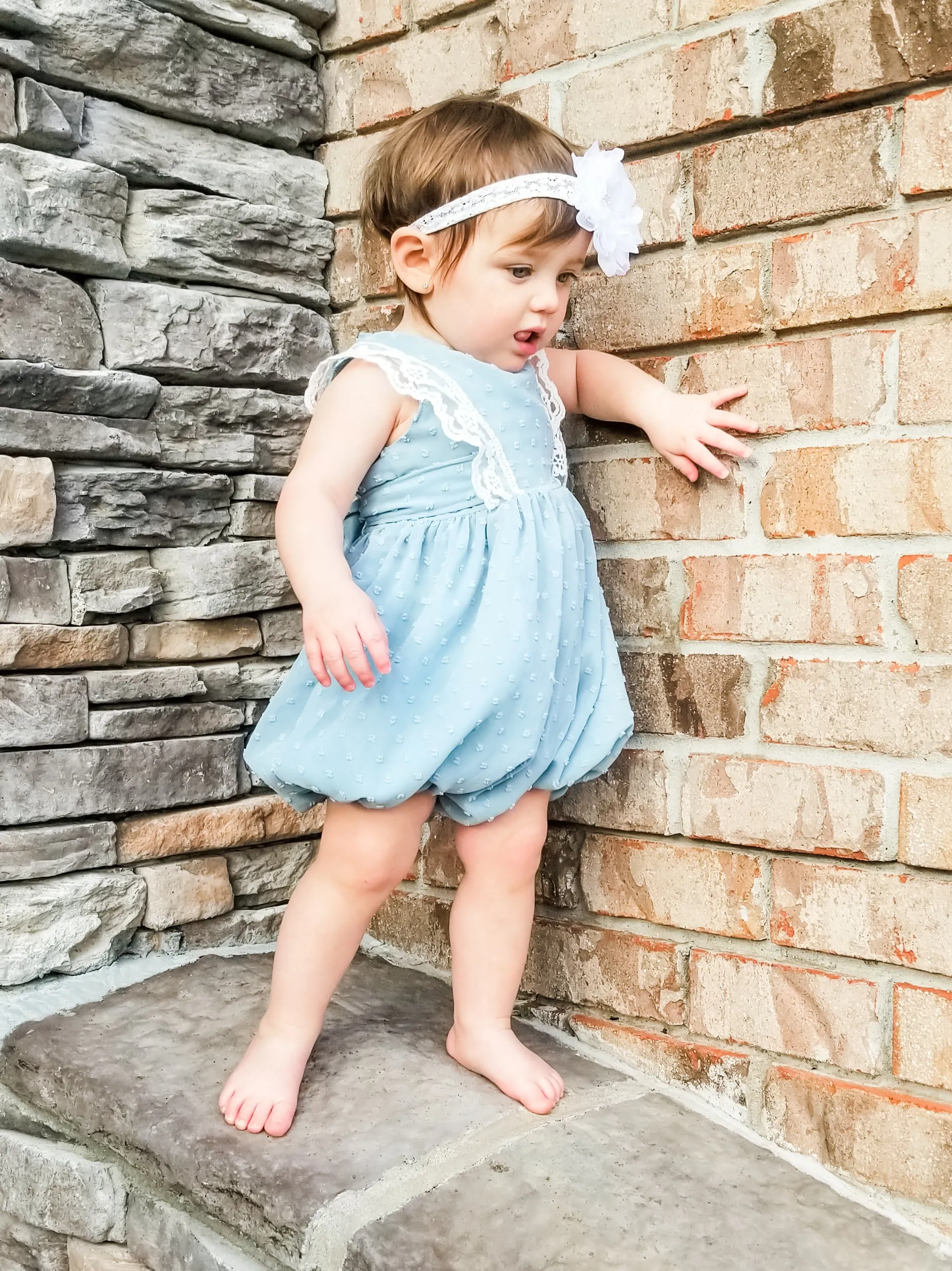 Ash Blue Lace Swiss Dot Bubble Romper