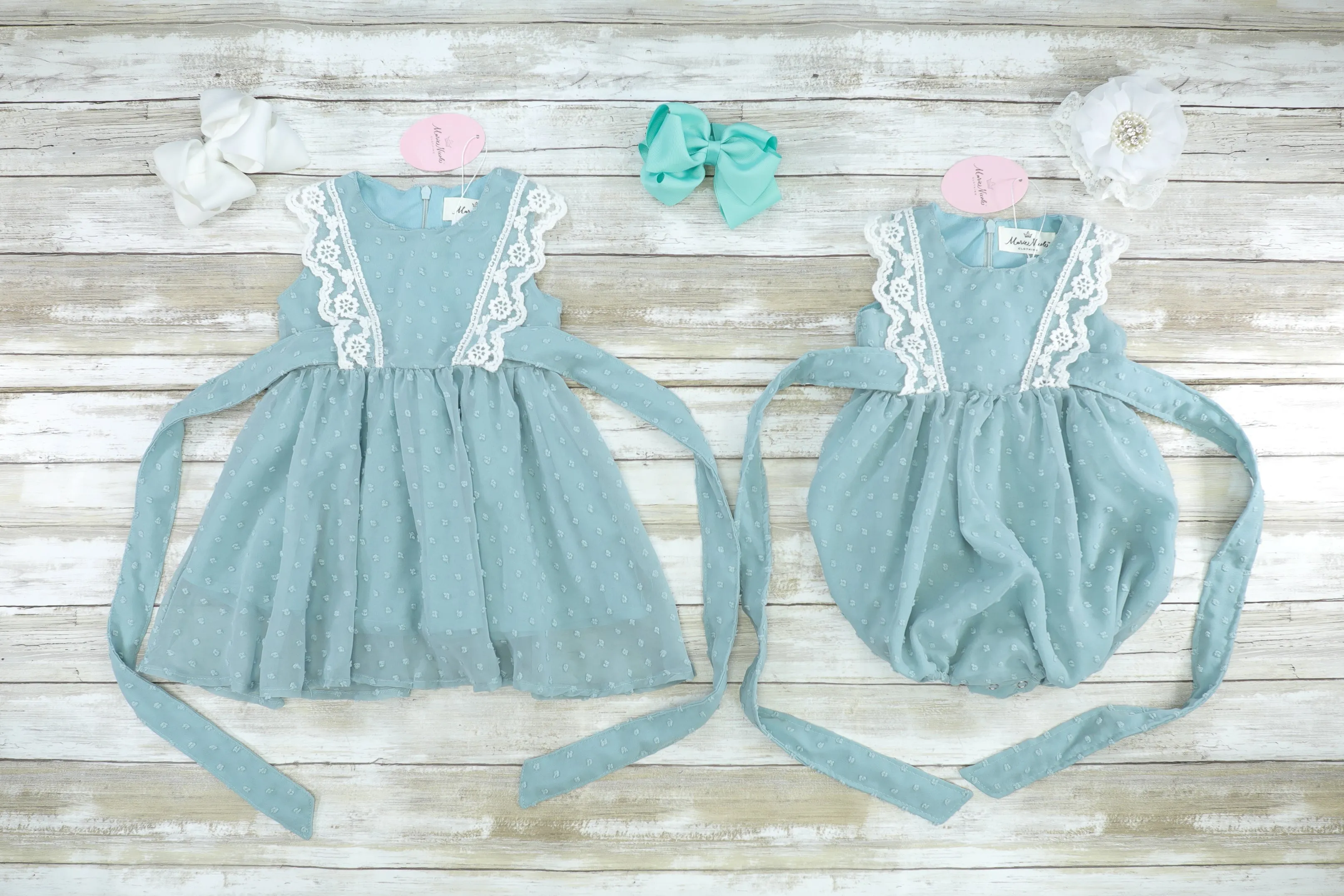 Ash Blue Lace Swiss Dot Bubble Romper