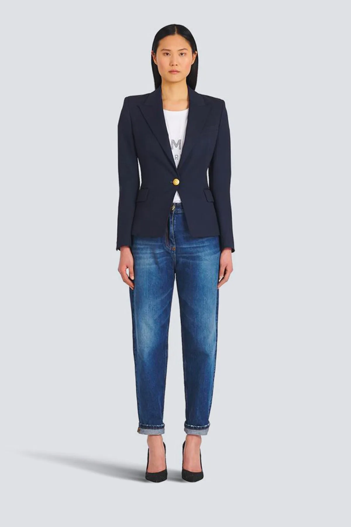 Balmain Single Button Wool Blazer - Navy