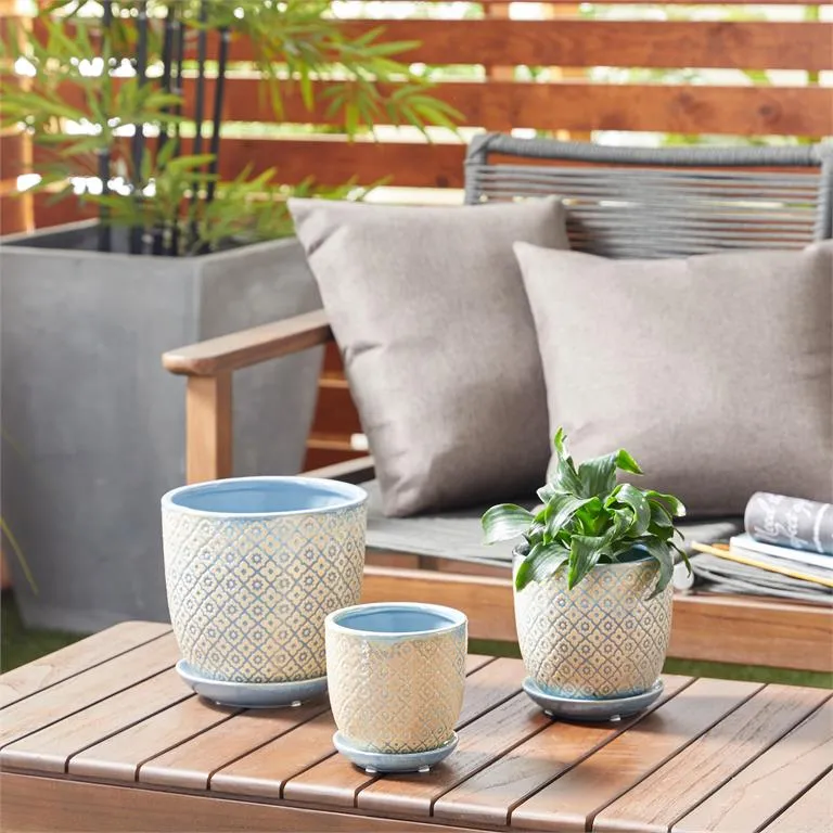 BEIGE CERAMIC INDOOR OUTDOOR PLANTER WITH ATTACHED SAUCER