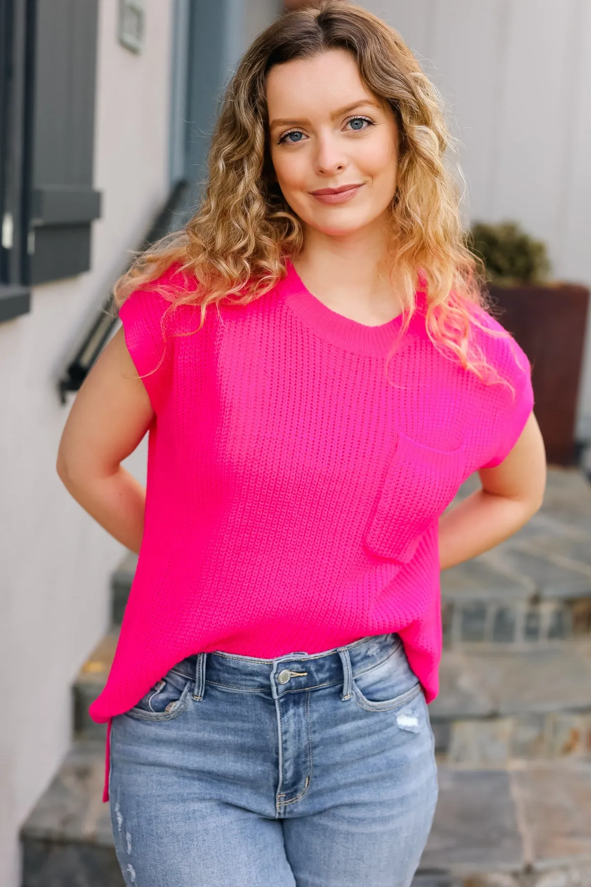 Best In Bold Hot Pink Dolman Ribbed Knit Sweater Top