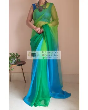 Blue And Green Ombré Dip Dyed Net Saree