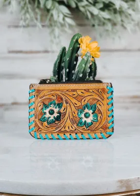 Blue Floral Cowhide Zip Wallet Pouch