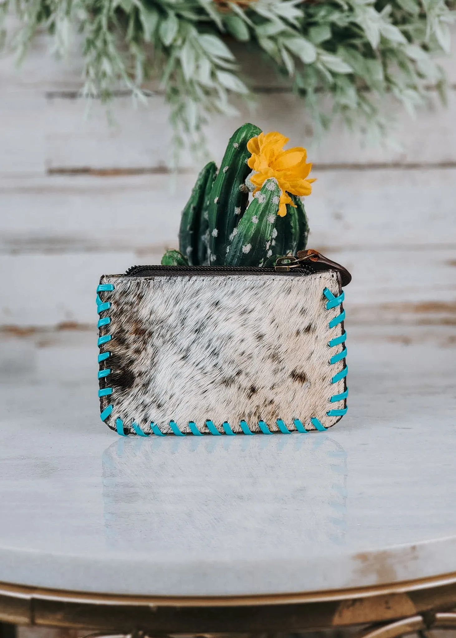 Blue Floral Cowhide Zip Wallet Pouch