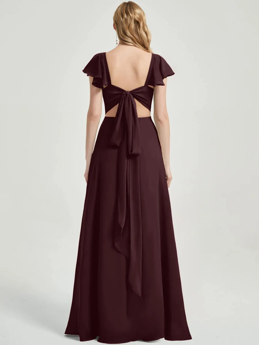 Cabernet Ruffle Cap Sleeve Maxi Chiffon Bridesmaid Dress With Slit