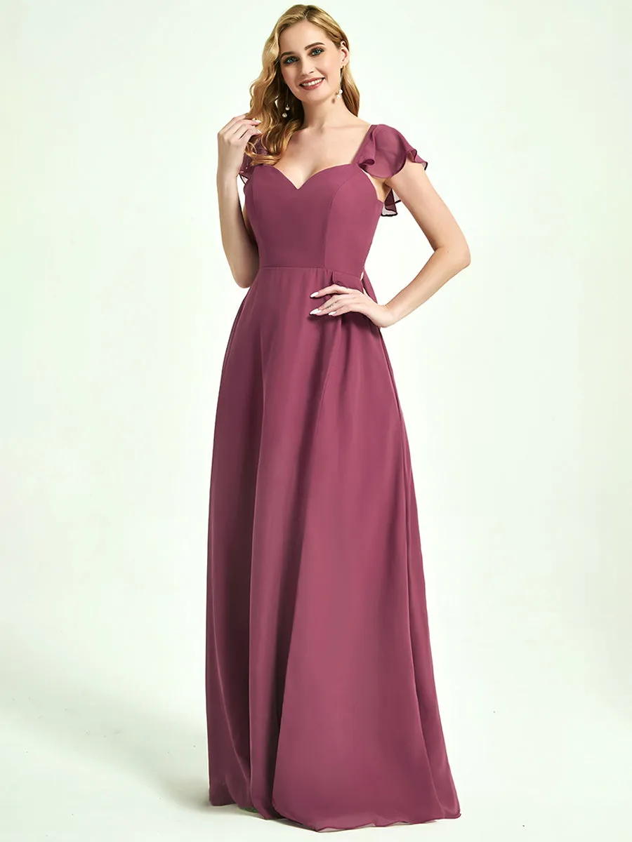 Cabernet Ruffle Cap Sleeve Maxi Chiffon Bridesmaid Dress With Slit