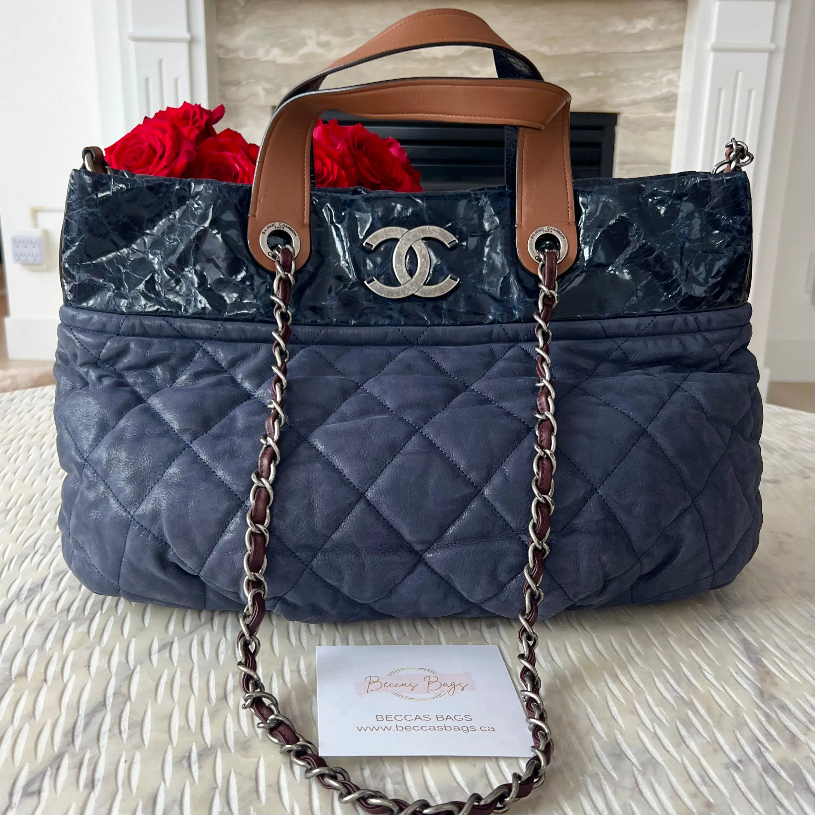 Chanel Iridescent Calfskin Quilted In The Mix Tote Navy