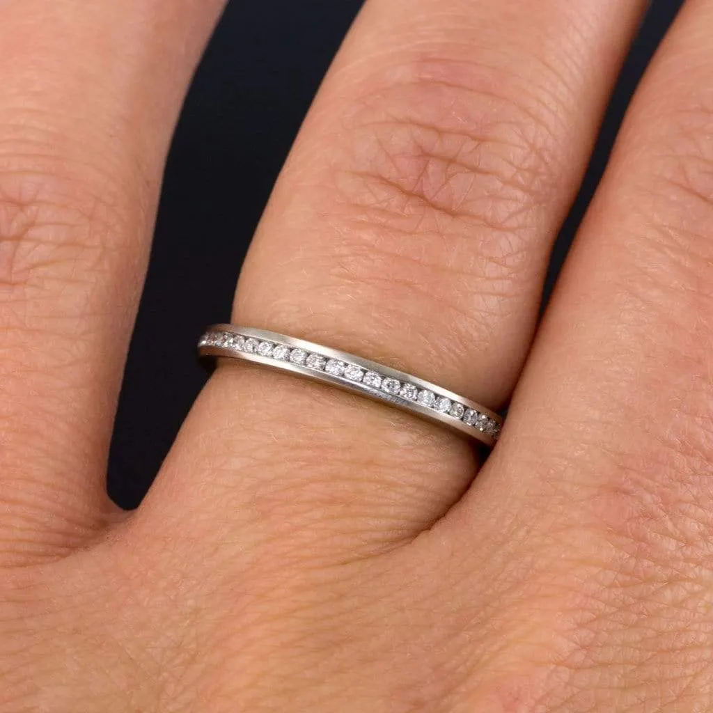 Channel Set Diamond or Moissanite Narrow Eternity Stacking Wedding Ring