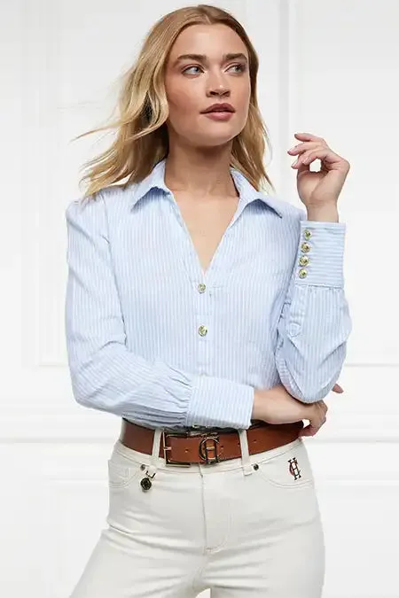 Classic V-Neck Blouse (Azure Stripe)