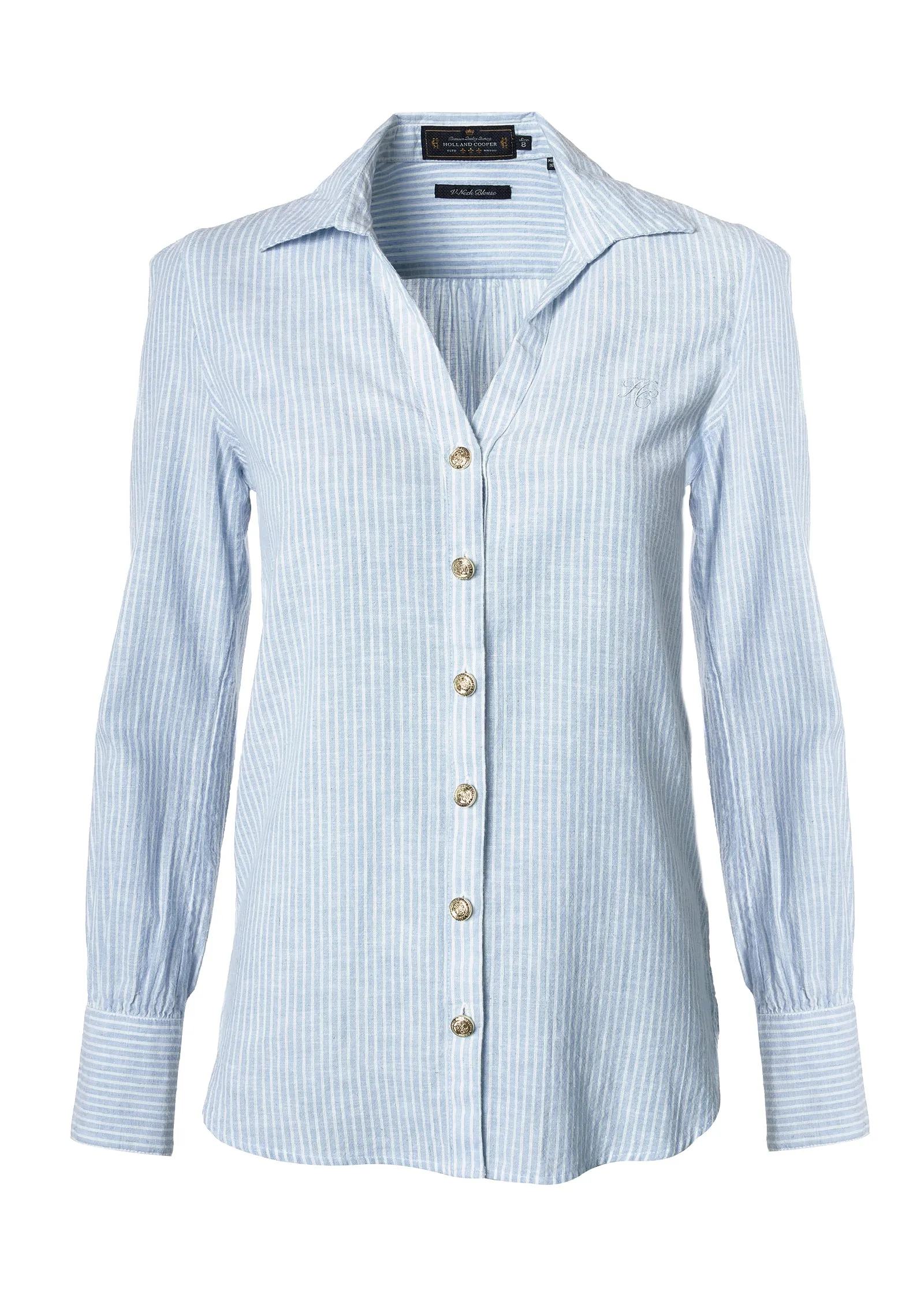 Classic V-Neck Blouse (Azure Stripe)