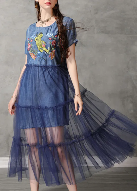 Classy Blue O-Neck Embroidered Tulle Patchwork Long Denim Dresses Short Sleeve NN020