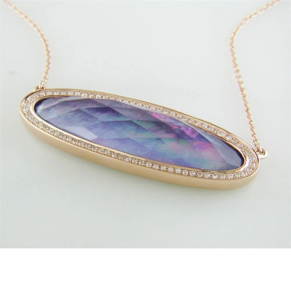 Doves Parisian Plumb Purple Amethyst, Lapis, Mother of Pearl Elongated Oval Shape Pendant Necklace with Diamond Halo