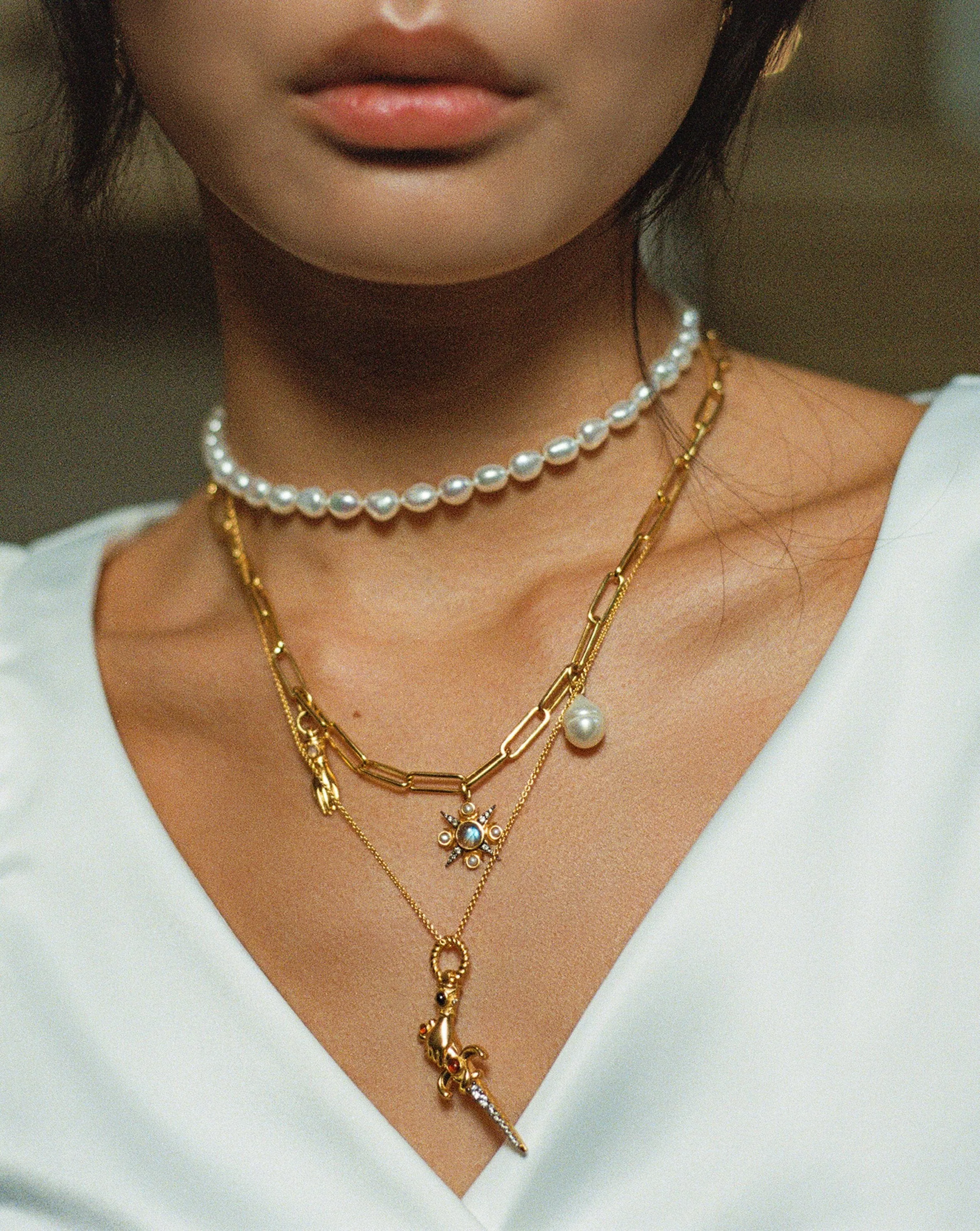 Harris Reed Symbols of Change Necklace | 18ct Gold Plated/Pearl & Labradorite