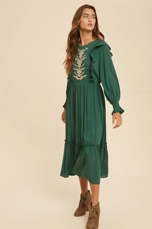 Mariah Embroidered Midi Dress in Emerald