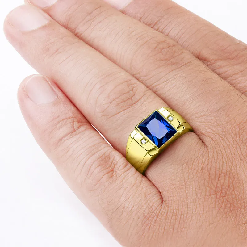 Men's Ring 14k Gold with Blue Sapphire and Genuine Diamonds, Statement Men's Ring