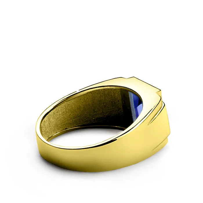 Men's Ring 14k Gold with Blue Sapphire and Genuine Diamonds, Statement Men's Ring