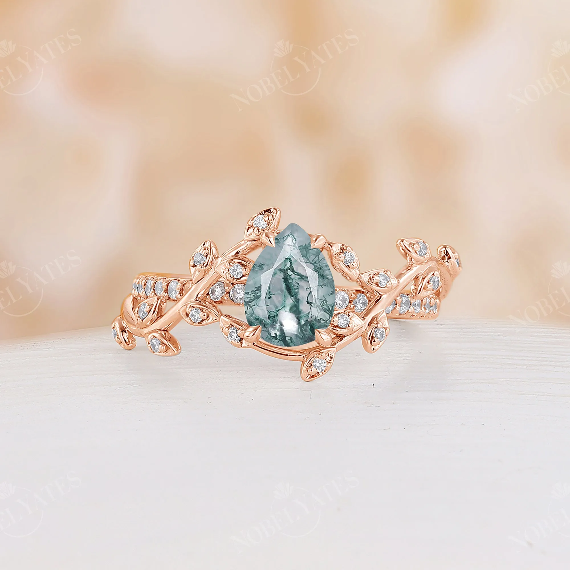 Moss Agate Rose Gold Nature Inspired Leaf&Twig Engagement Ring