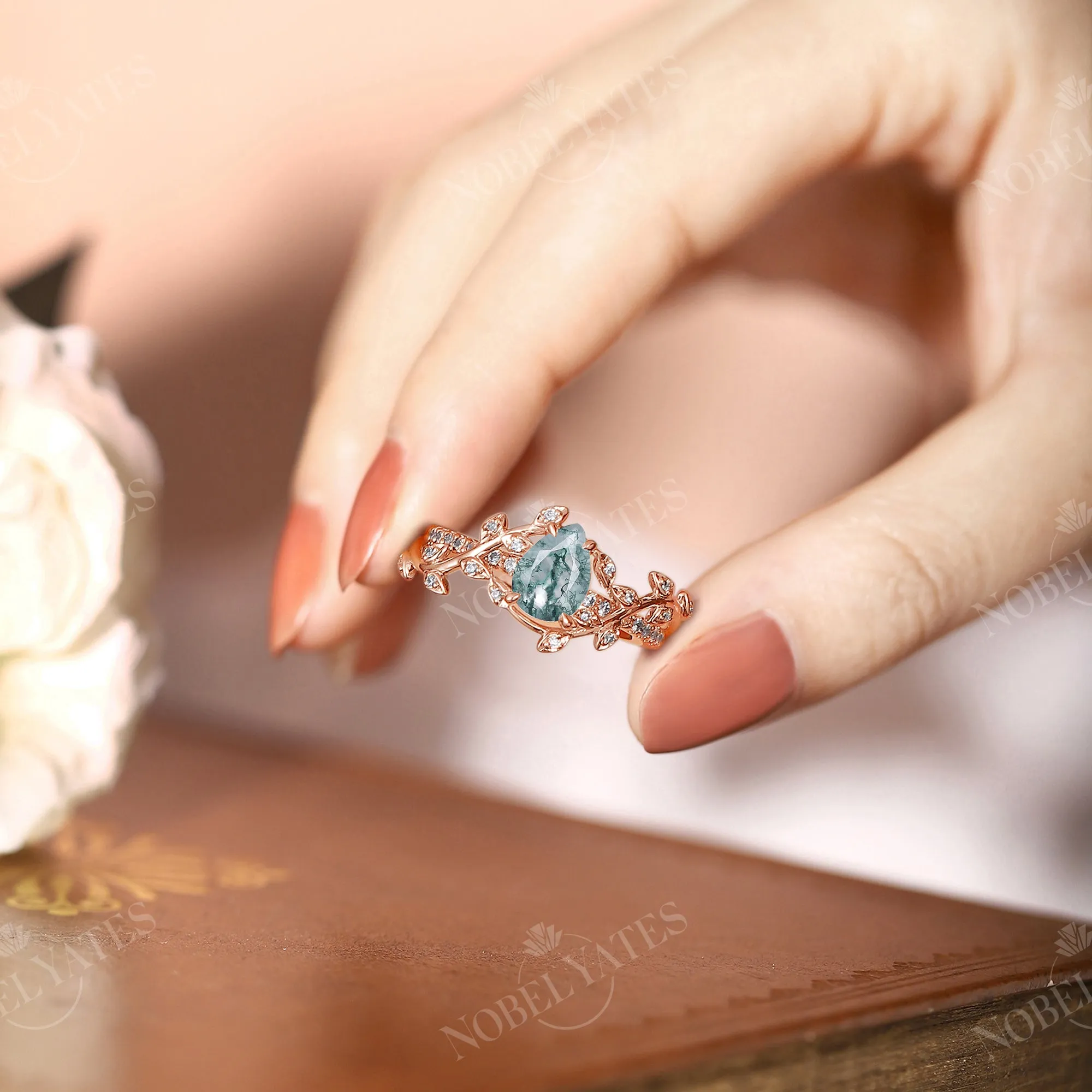 Moss Agate Rose Gold Nature Inspired Leaf&Twig Engagement Ring