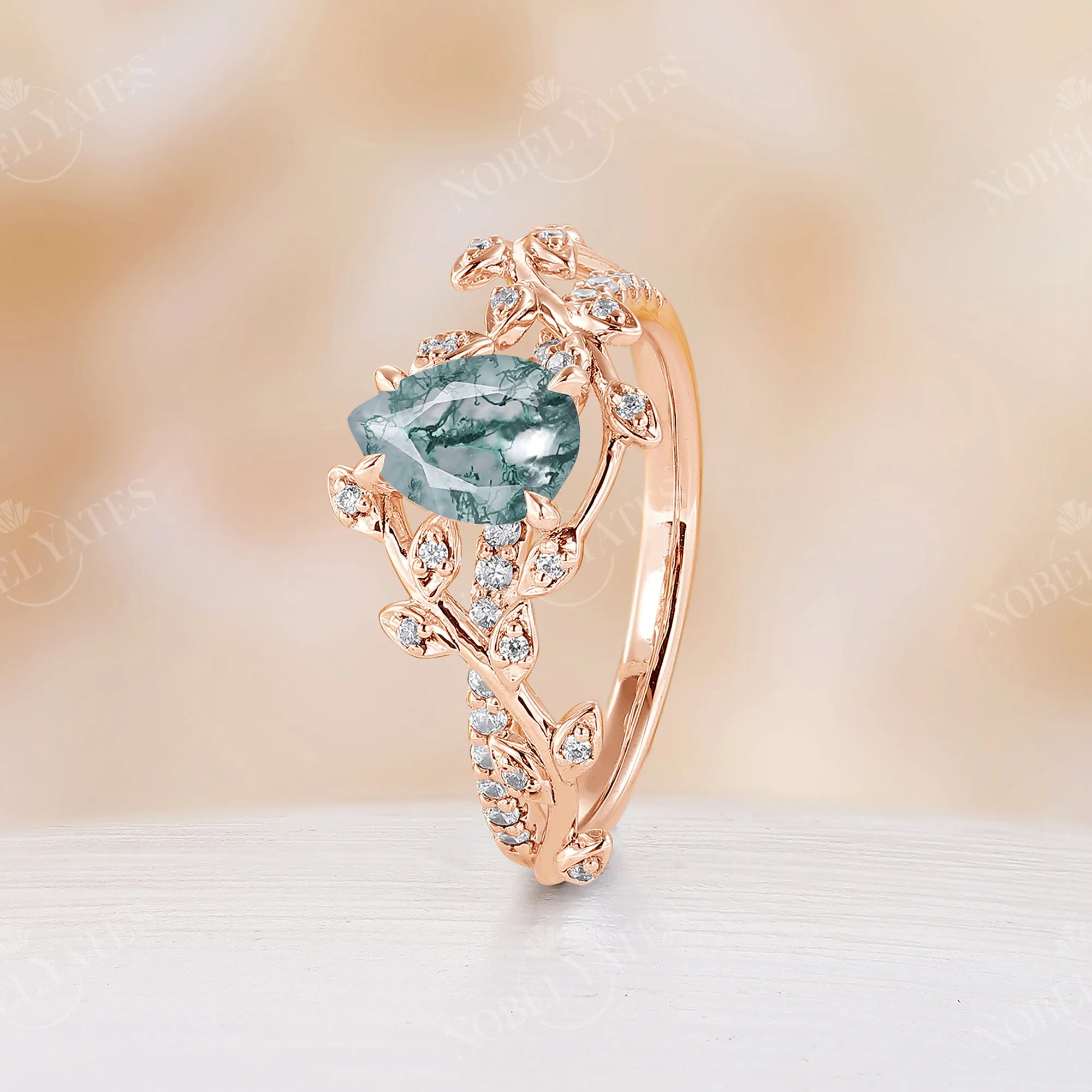 Moss Agate Rose Gold Nature Inspired Leaf&Twig Engagement Ring