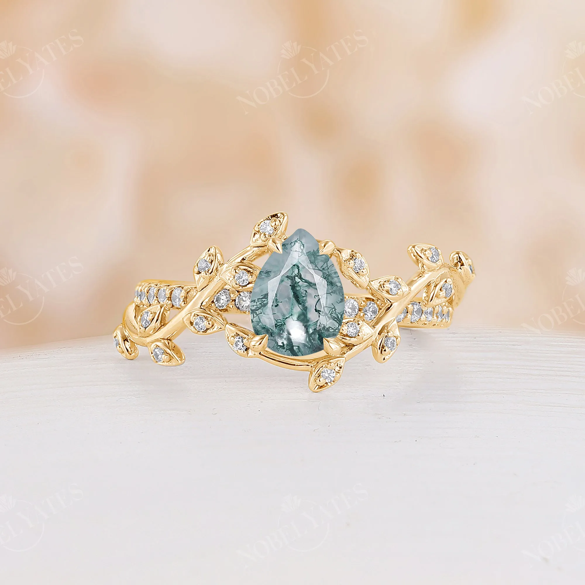 Moss Agate Rose Gold Nature Inspired Leaf&Twig Engagement Ring