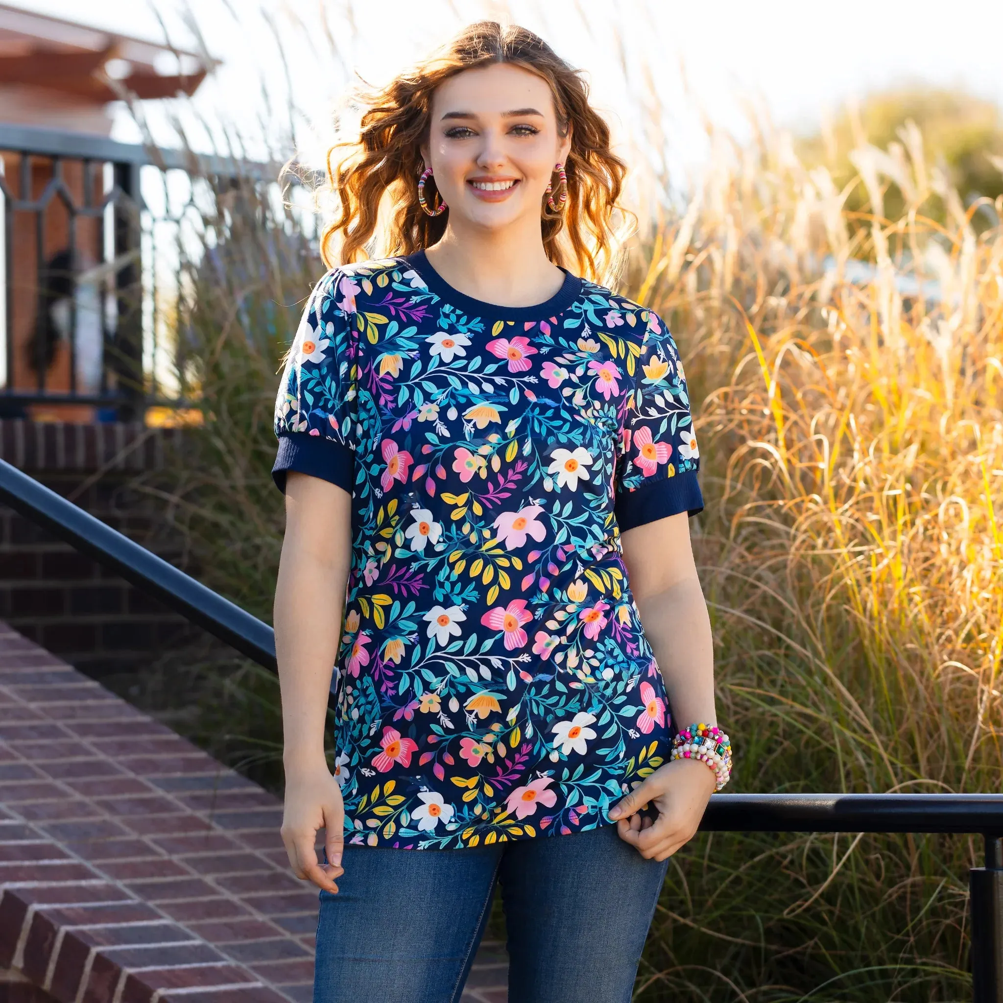 Navy Blue Floral short sleeve top