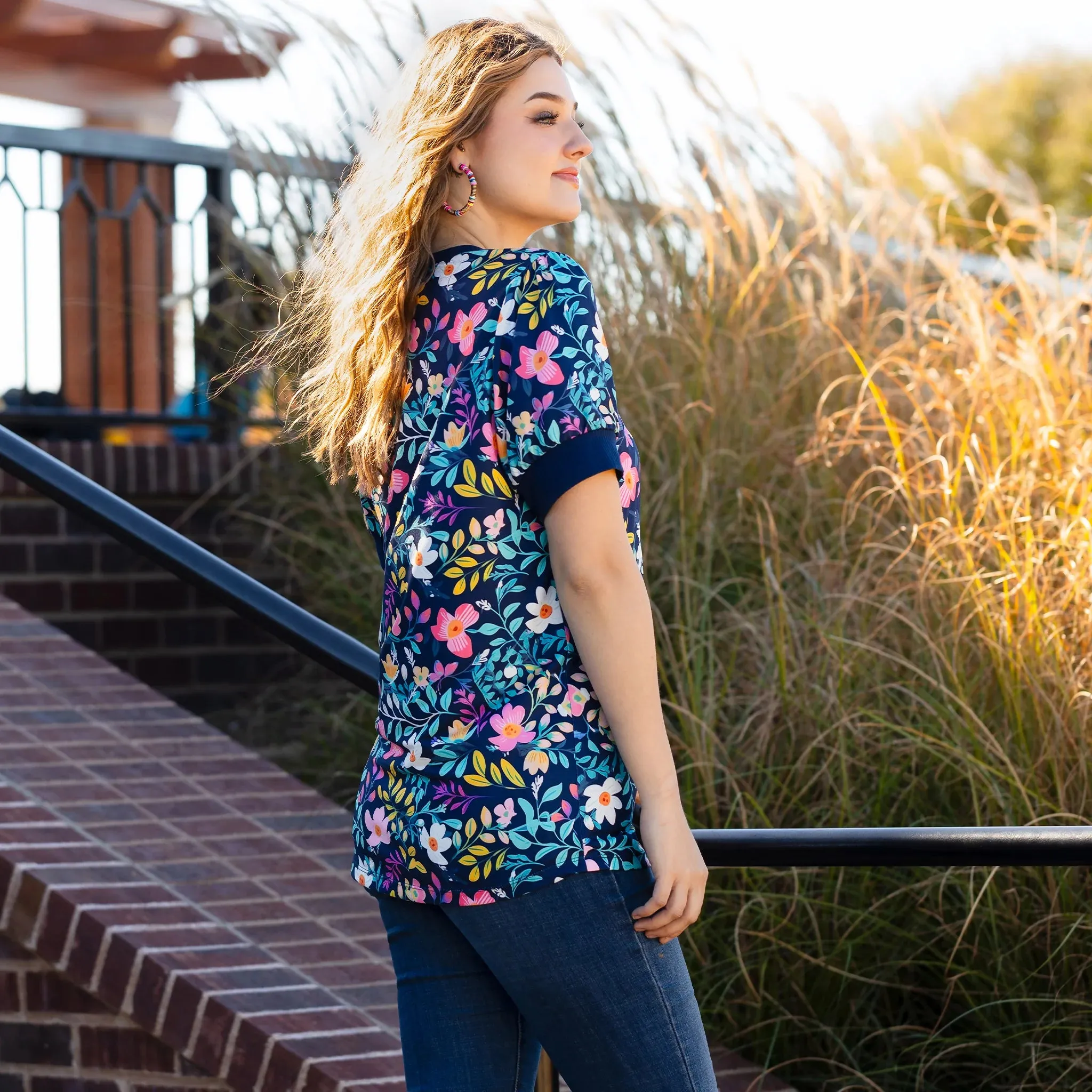 Navy Blue Floral short sleeve top