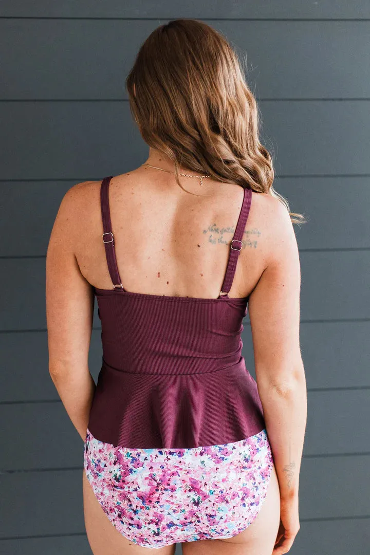 Ocean Breeze Peplum Tankini Top - Plum Ribbed