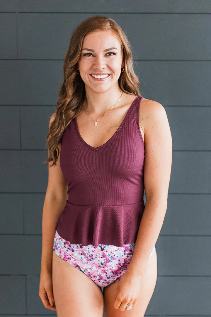 Ocean Breeze Peplum Tankini Top - Plum Ribbed