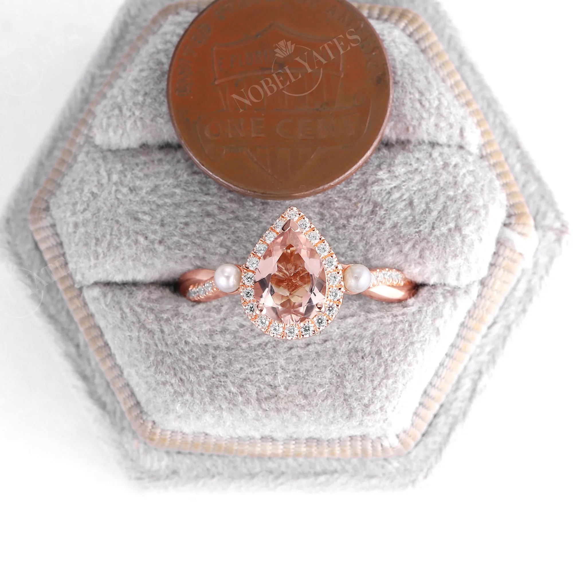 Orange Pink Morganite Halo Engagement Ring Pearl Twist Rose Gold