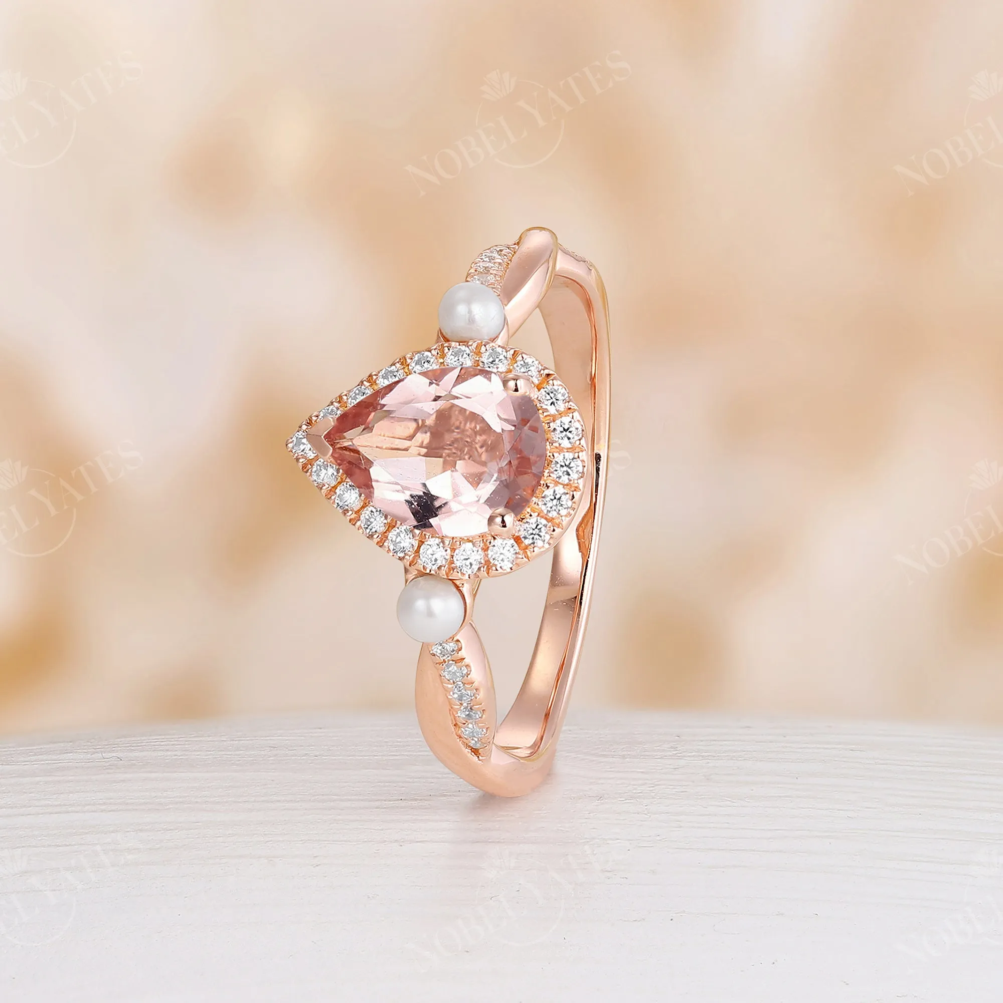 Orange Pink Morganite Halo Engagement Ring Pearl Twist Rose Gold