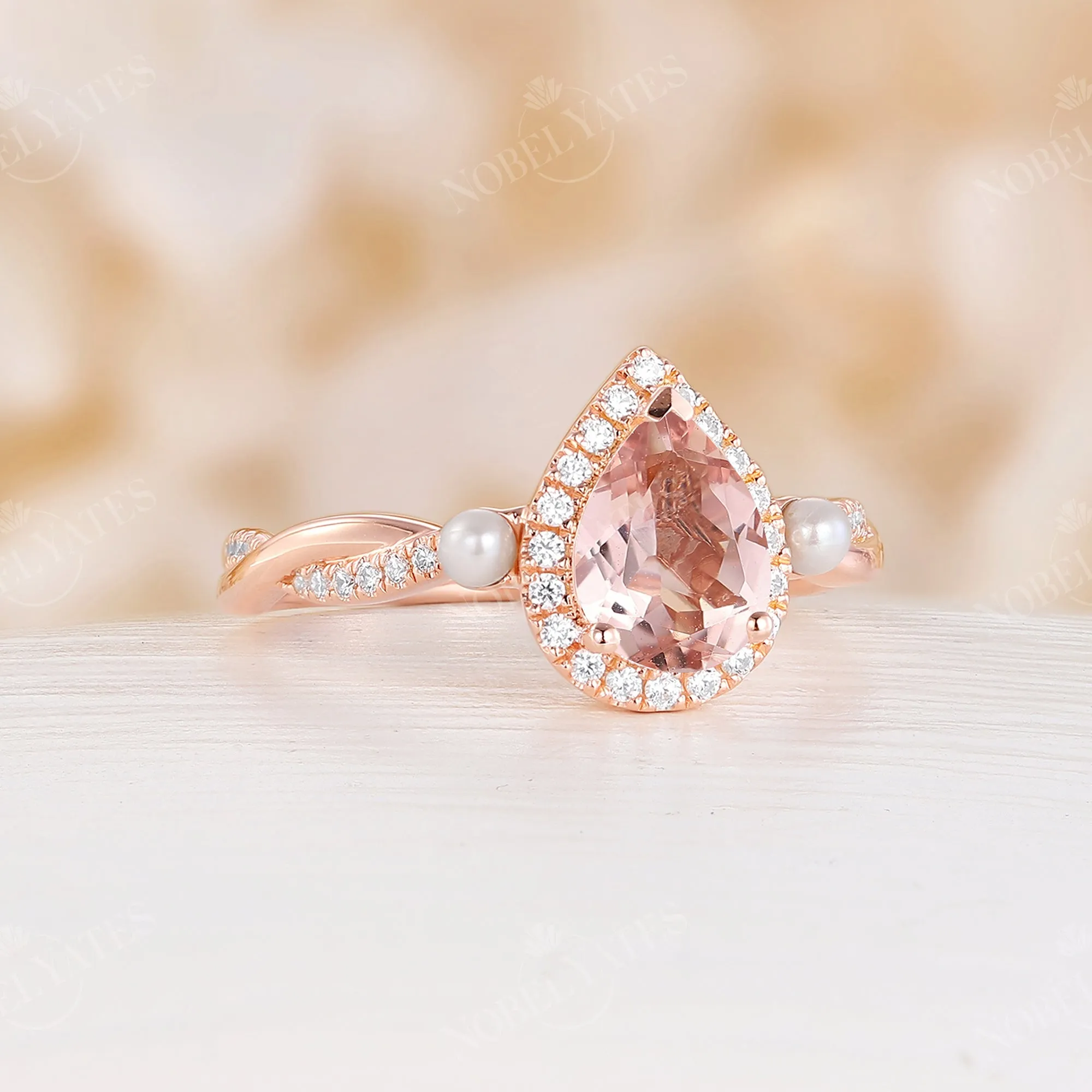 Orange Pink Morganite Halo Engagement Ring Pearl Twist Rose Gold