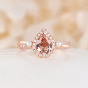 Orange Pink Morganite Halo Engagement Ring Pearl Twist Rose Gold