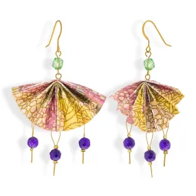 Origami Earrings Yellow Pink Fans With Gemstones