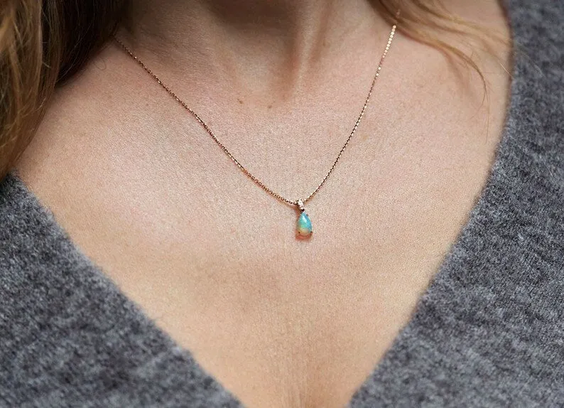 Pear Fire Opal Gold Necklace With Pave Diamonds