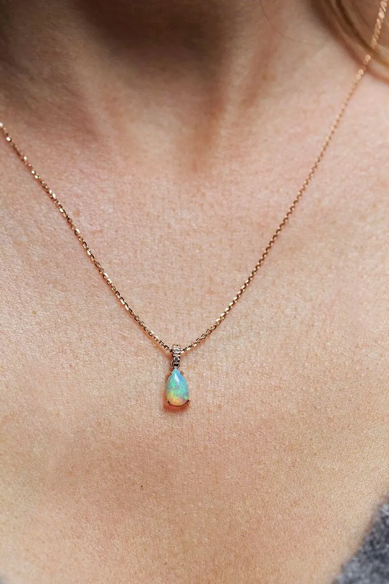 Pear Fire Opal Gold Necklace With Pave Diamonds