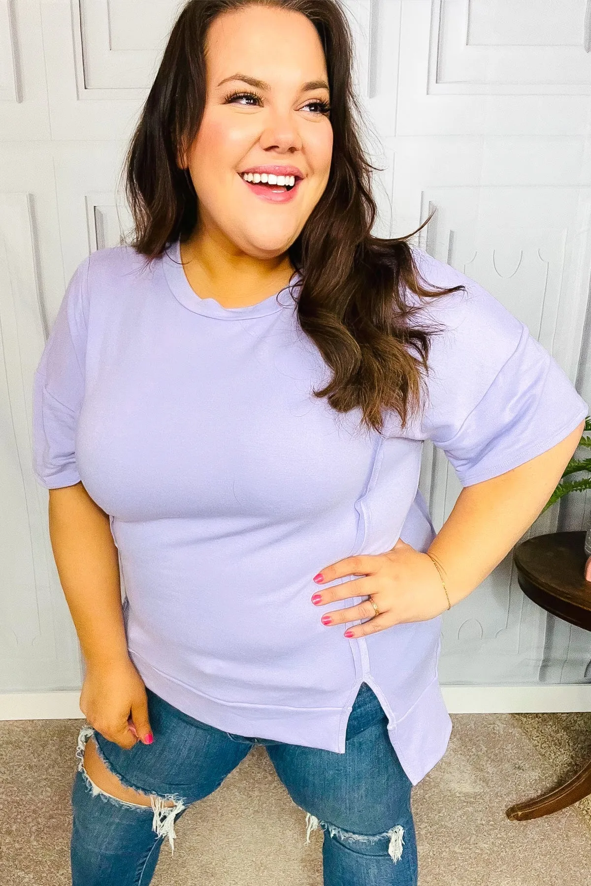 Perfectly Poised Lilac Cut Edge French Terry Top (Shipping in 1-2 Weeks)