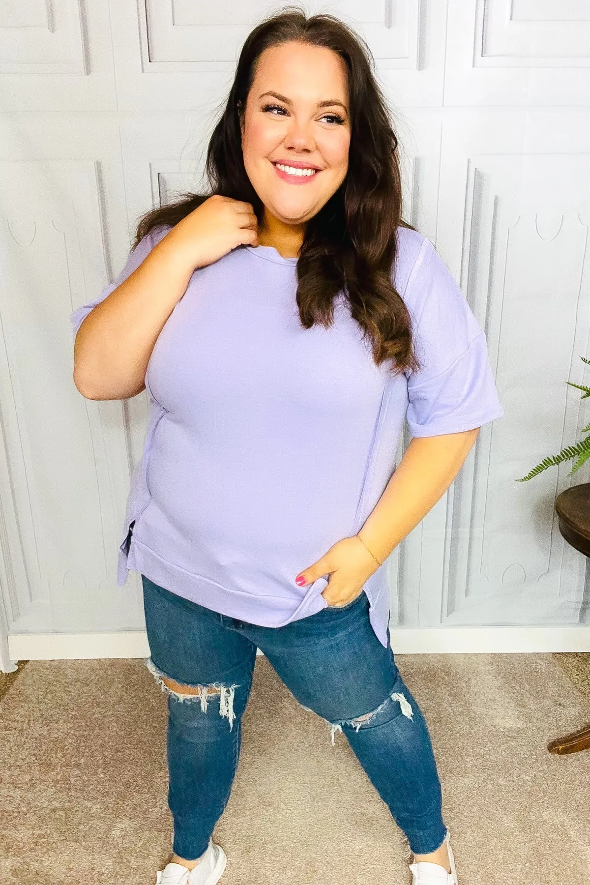 Perfectly Poised Lilac Cut Edge French Terry Top (Shipping in 1-2 Weeks)